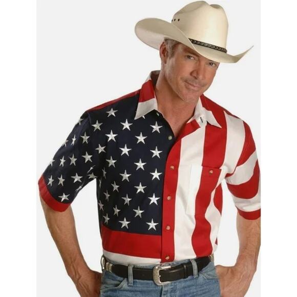 Scully Other - Scully USA American Flag Patriotic Short Sleeve Button Up Shirt Men's Size Large
